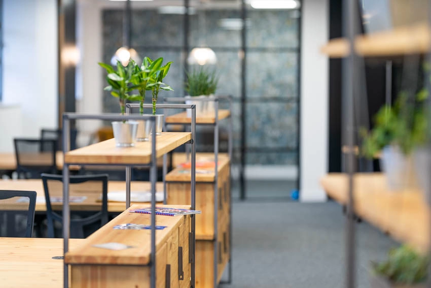 SO40. Potted plants decorate shelves at the end of wooden tables with office chairs.