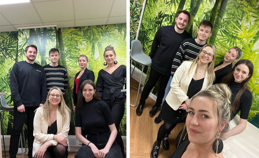 Jake and Tara meeting other members of the team. In one image everyone poses for a photo together and in the second a Digital Marketing team member takes a selfie with the group.