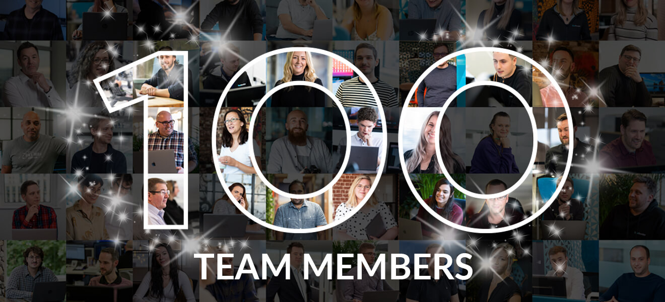 Collage of staff inside the writing '100 Team Members'.