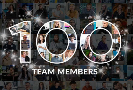 Collage of staff inside the writing '100 Team Members'.