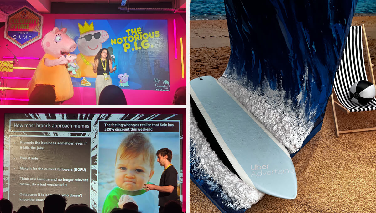 a collage of photos showing various exhibitions, including a miniature fake beach complete with surfboard and deck chair