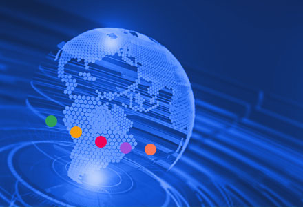 Blue Frontier news image showing globe and coloured service dots